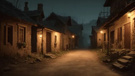 a dimly lit street in a village at night with a light on