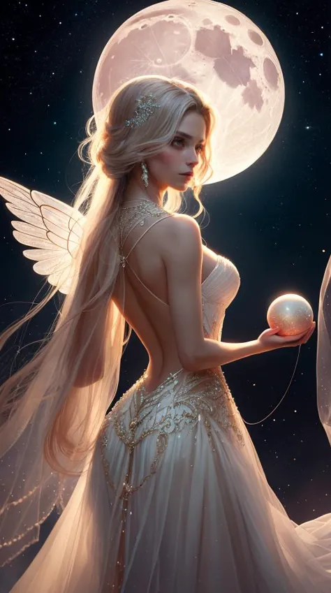 a woman in a wedding dress holding a ball with a moon in the background