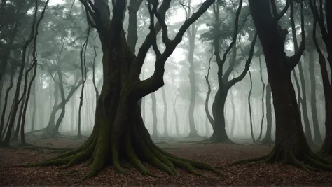 a close up of a group of trees in a forest