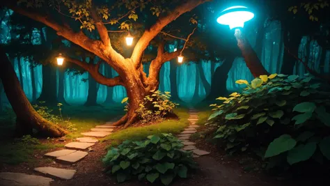 a close up of a pathway in a forest with a light on