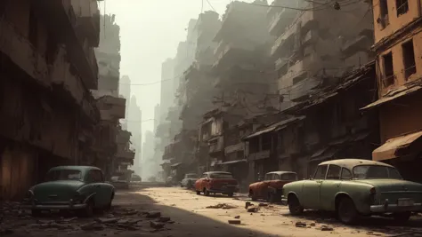 cars parked on a street in a city with buildings and debris