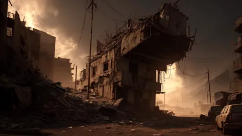 a picture taken from a video game shows a destroyed city