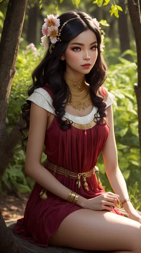 a close up of a woman sitting on a bench in a forest