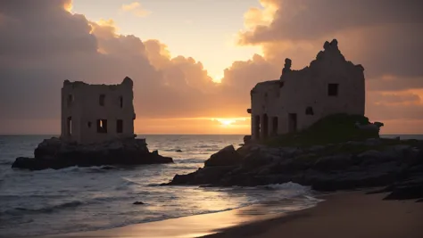 arafed building on a beach with a sunset in the background