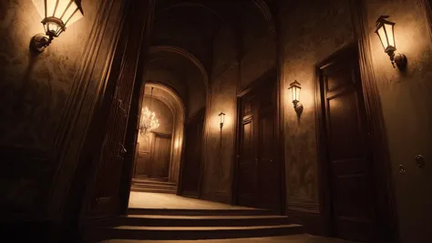 a dimly lit hallway with a light on and a set of stairs