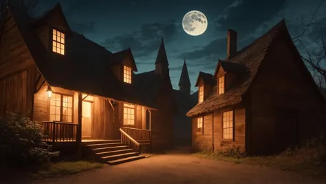 a close up of a house with a full moon in the background