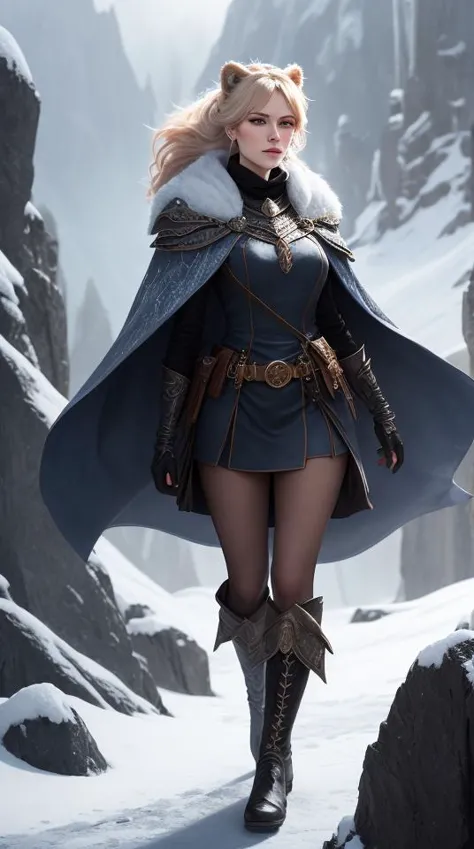 a woman in a blue dress and cape is walking through the snow