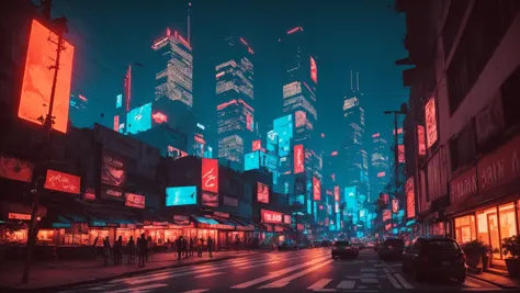 a close up of a city street with neon signs and buildings