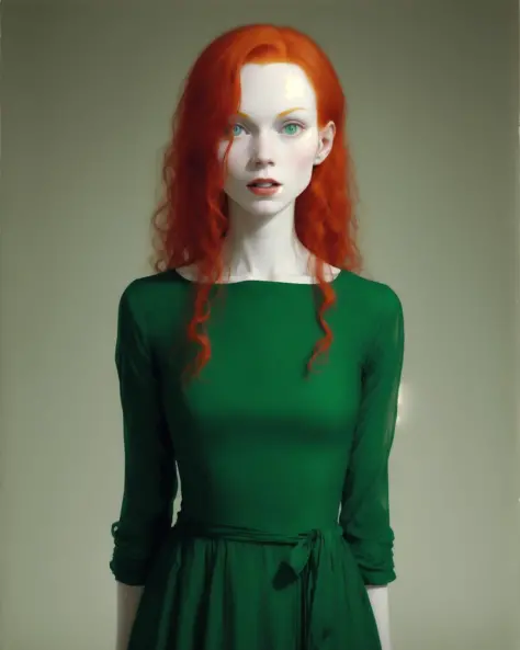 beautiful woman, red hair, pale skin, wearing a green dress, by gottfried helnwein.