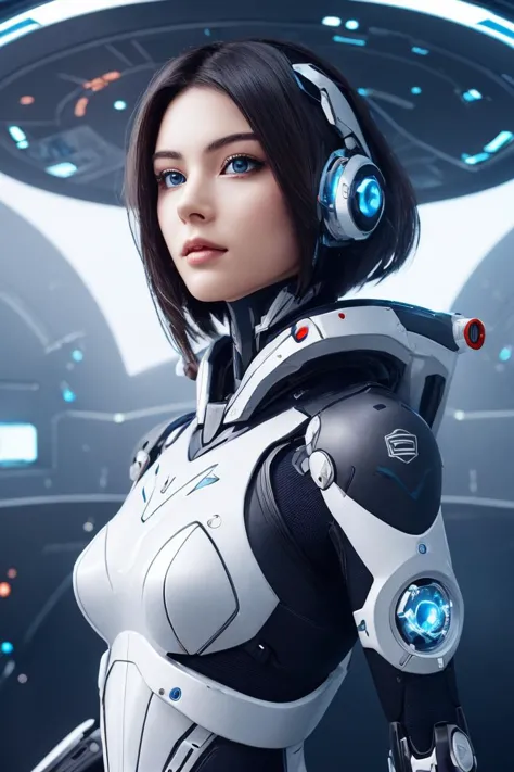 close shot of pretty cyborg lady, lots of details, space ship, futuristic setting, looking at viewer,