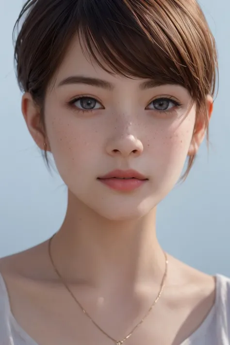 professional, masterpiece, 8k, hyperrealistic portrait of a 20yo cute girl, short hair, (looking shy:1.3), freckles, detailed fa...