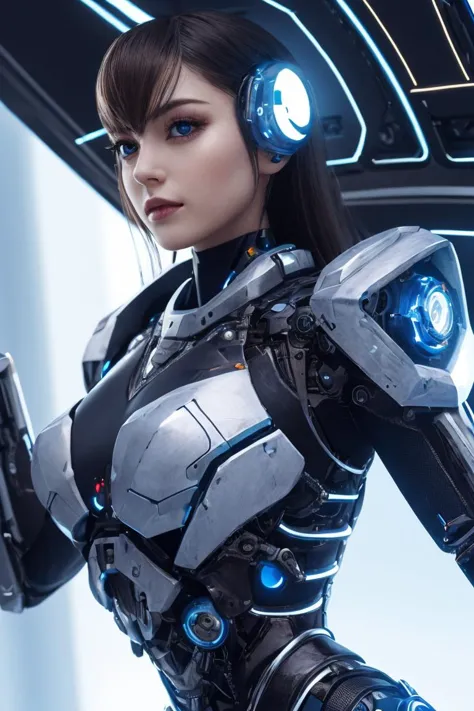 close shot of pretty cyborg lady, lots of details, space ship, futuristic setting
