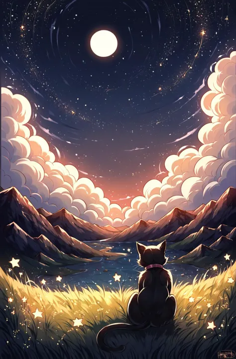 a cat sitting on the grass looking at the stars in the sky