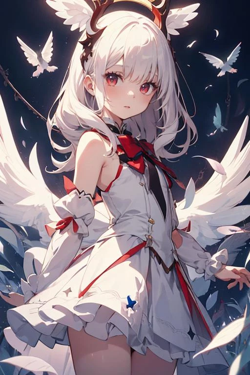 beautiful illustration, best quality, cute petit girl, (transform sequence), transform magical girl, chibi, white magical girl, fractal art, albino, babyface, long pure white and red mesh hair, beautiful detailed red eyes, cinematic lighting, cowboy shot, looking at viewer, from bottom, happy