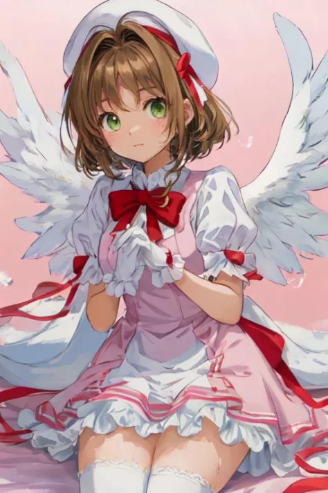 13 years old, 160 cm tall, beautiful, cute, shy expression. 1 female. Light brown hair. Yellow-green eyes. Short cut. Matching bangs. Short dress with white top and pink bottom folds, red ribbon on chest, lace around edges of dress. White over-knee socks. White panties. Pink beret with red ribbon at the back. Cute pink pumps. Warm lighting. Looking at the camera. Legs open. She is turning up her dress with her left hand. The woman's back has rounded wings. In her right hand, she is holding a lovely big magic wand with a big yellow star at the end of a long, thick, pink handle and small white wings on either side. Stylish white gloves with red ribbon. Colorful gradient background. Lying on the pale pink bed. Photo quality, high resolution. A masterpiece. Illustration. A lot of white lotion dripping on her panties. A lot of white lotion dripping on her hair. A lot of white lotion dripping on her chest. A lot of white lotion dripping on her belly. A lot of white lotion dripping on her panty. A lot of white lotion dripping on her crotch. A lot of white lotion dripping on thighs. A lot of white lotion dripping on the clothes. White lotion clinging to everything.
Cardcaptor_Sakura