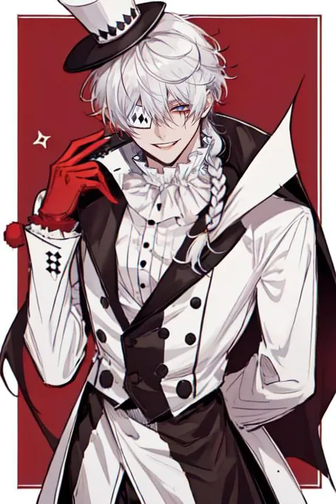 waist-up, pose, :D, ruffled collar, eyepatch, white hair, 1boy, male focus, solo, single braid, hair between eyes, white top hat, red gloves, spot color, border  <lora:Nikolai_Gogol:0.7>