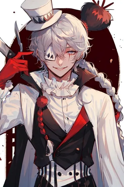 waist-up, vertical stripes, knife, ruffled collar, eyepatch, white hair, 1boy, male focus, comic, solo, single braid, smile, hair between eyes, top hat, red gloves,  <lora:Nikolai_Gogol:1>