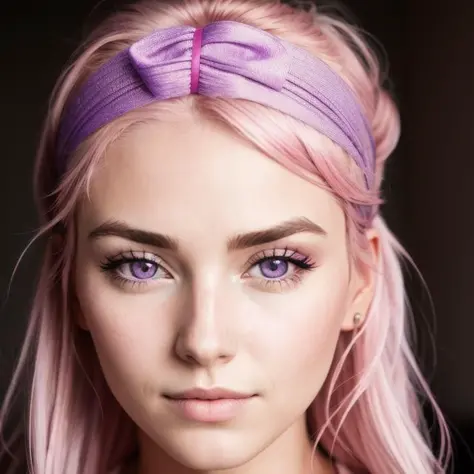CLOSE-UP, RAW,beautiful woman face, pink hair, purple eyes, cute, headband,