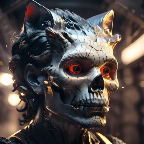 a close up of a person wearing a cat mask with red eyes