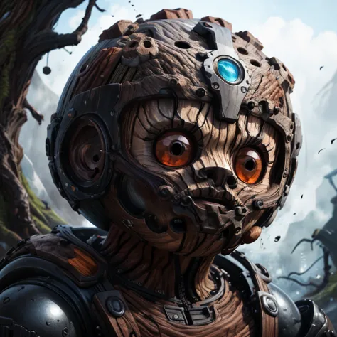 a close up of a robot with a helmet on in a forest