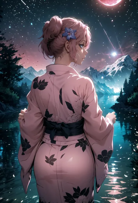 a woman in a kimono outfit standing in the water looking at a full moon