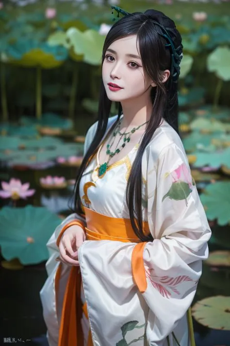 ultra-détaillé,très détaillé,Meilleure qualité,chef-d&#39;œuvre,illustration,Réaliste,photoRéaliste,
Tangyurou, 1fille, seulement,cosplayer, 
robe de porcelaine, vêtements chinois, hanfu, manches longues, châle, bijoux, collier,
Haut du corps,regarder le spectateur, 
fleur, En plein air, lotus, jardin, eau,
 