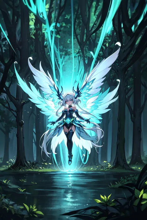 a woman with white wings is standing in the woods