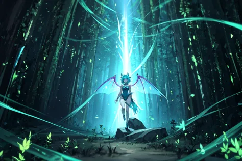 anime girl standing in a forest with a glowing light