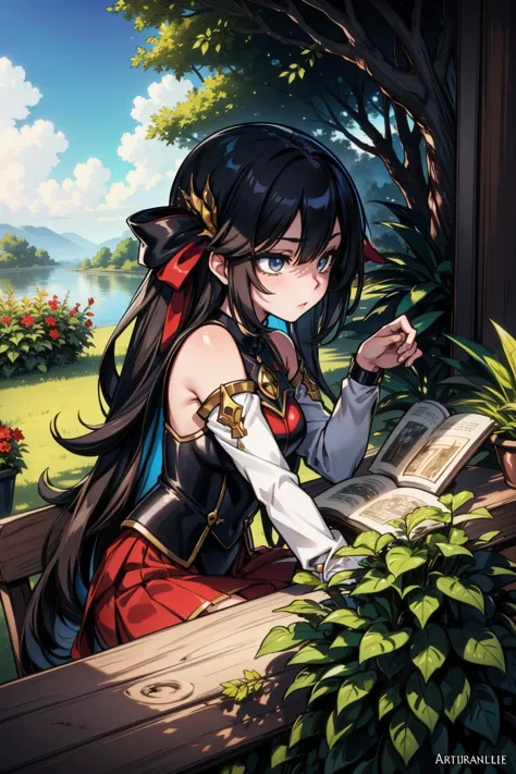 a girl sitting on a bench reading a book in a garden