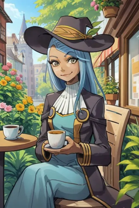 a woman in a hat and dress sitting at a table with a cup of coffee