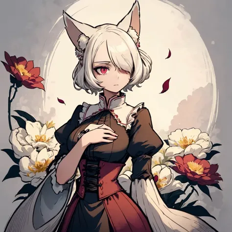 anime girl with white hair and red eyes in a dress