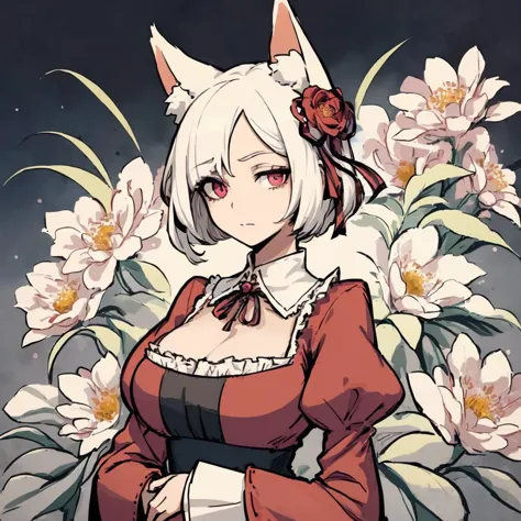 1girl, solo, (hand on own chest), victorian long gown with high collar and puffy sleeves, large firm breasts, fox ears, fox tail, short hair, (hair over one eye:1.3), (white hair), (abstract), (flowers), (flower), leaves, (reddish pink eyes), (contrapposto:1.2), <lora:Ink scenery:0.8>