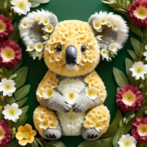 there is a teddy bear made of flowers and leaves