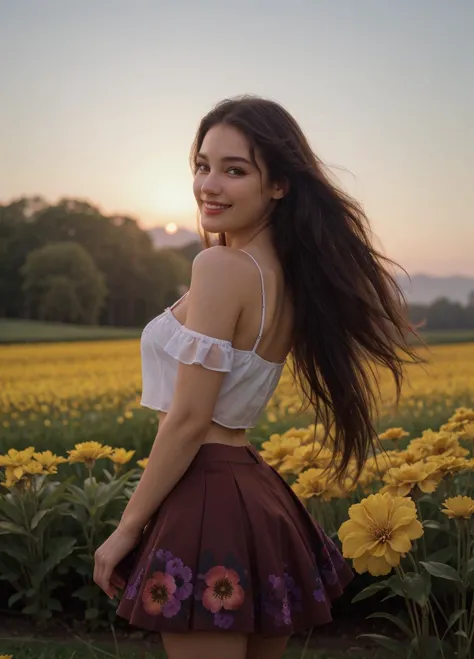 a woman standing in a field of flowers with a sun setting behind her