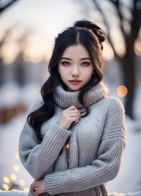 a woman in a gray sweater and scarf standing in the snow