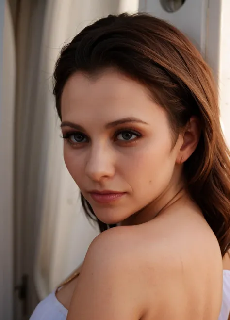 a close up of a woman with a white top and a white dress