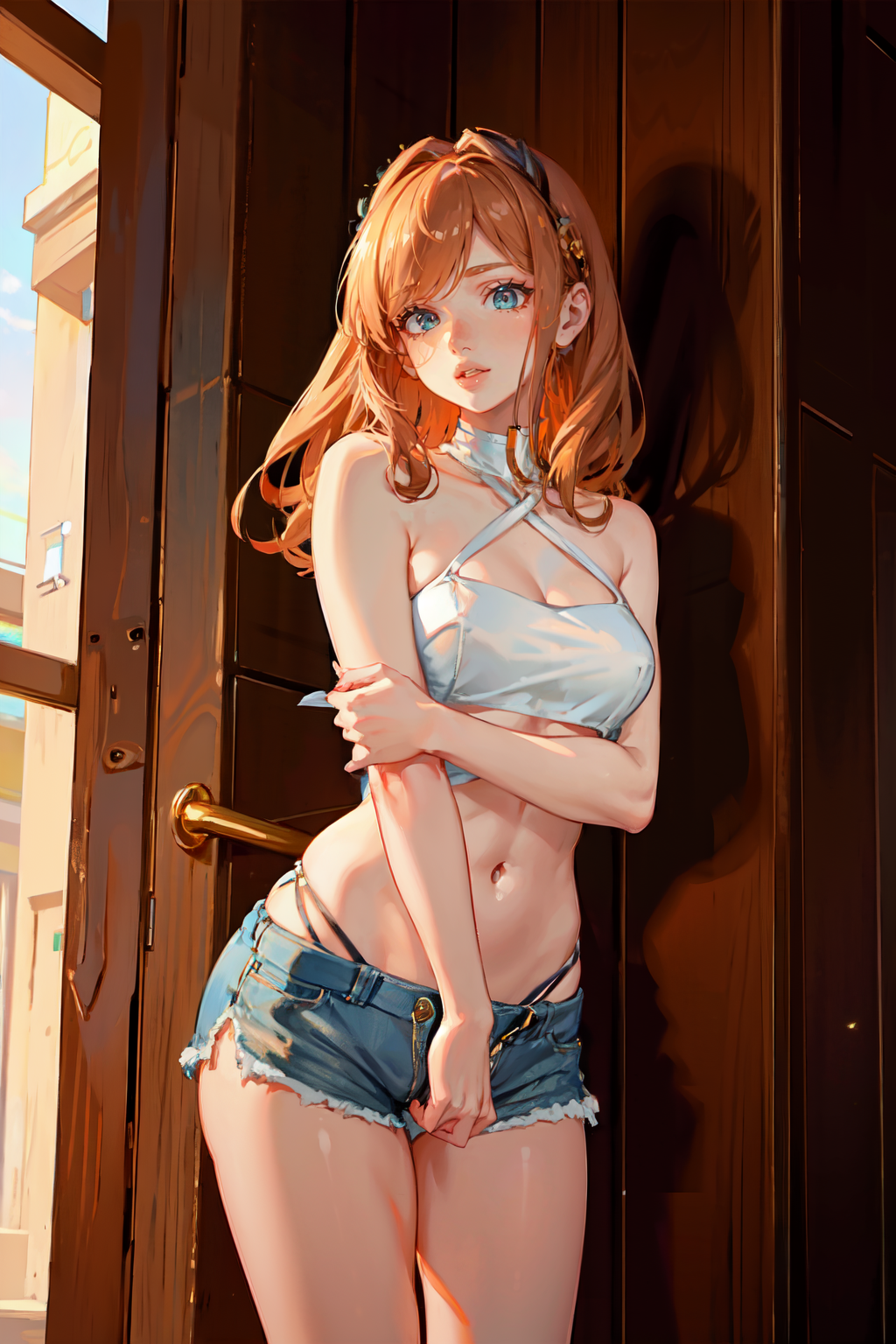 Anime girl in a pink bikini posing in a alley - SeaArt AI