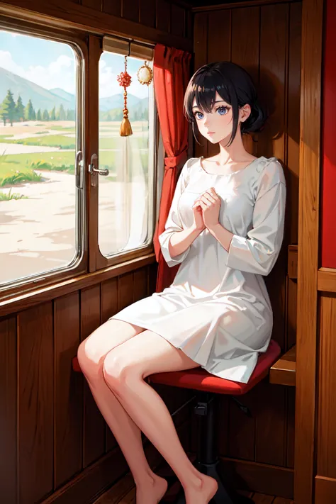 anime girl sitting on a red chair in front of a window