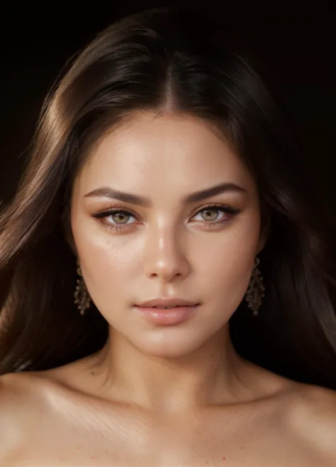 a close up of a woman with long hair wearing a dress