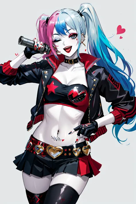 a woman with blue hair and a black jacket holding a gun