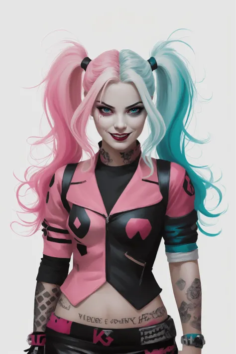 Harley Quinn, 1girl, smile, (evil:1.5)  twintails, (blue+pink hair:1.3), (blue+pink+white color:1.3), (white background:1.2), (v...
