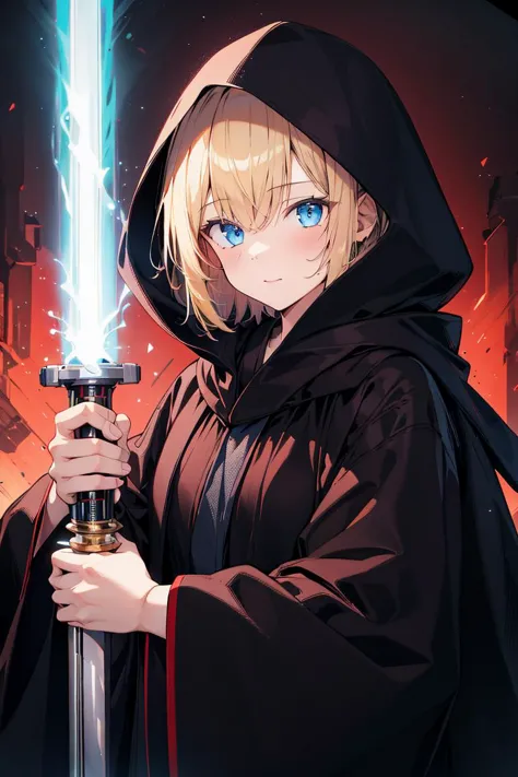 a woman in a hooded robe holding a sword in front of a city