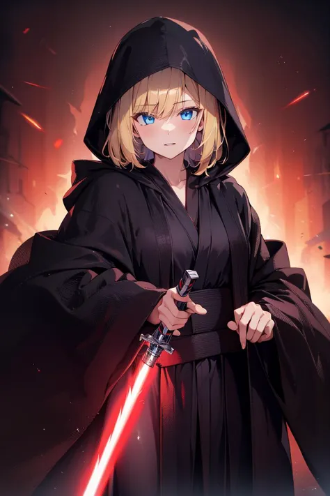 a woman in a black robe holding a light saber