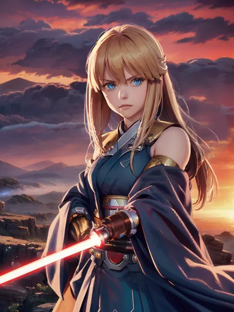 Portrait of a girl,1girl, artoria pendragon (fate), professional photograph of a stunning woman, detailed,bangs, blonde hair, cloud, prosthetic hand, fog, japanese clothes, holding light saber in hand, long hair, looking at viewer, outdoors, science fiction, solo, superhero, sword, water, weapon, white background, zero (mega man), sharp focus, dramatic, award winning, cinematic lighting, volumetrics dtx, (film grain, blurry background, blurry foreground, bokeh, depth of field, sunset,interaction,), (masterpiece), (extremely intricate:1.3), (realistic), <lora:light_saber_v2:1>