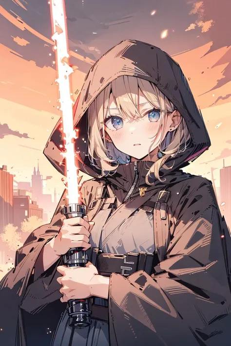 a woman in a hoodedie holding a sword in front of a city