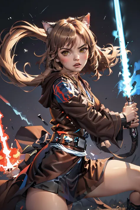 <lora:1024_Lion_LyCORIS_loha:0.8>cat girl holding a blue lightsaber,1girl,cat ears, cowboy shot, jedi,brown robes,fighting stance,, (masterpiece, best quality,highres, perfect hands)