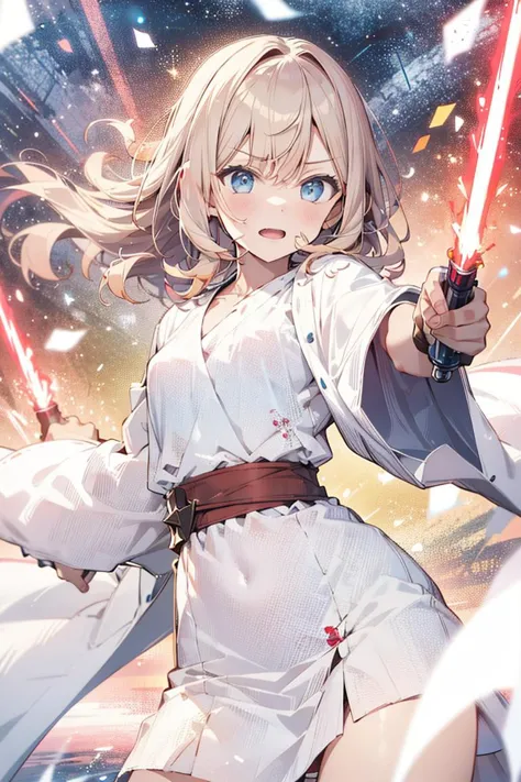 anime girl with sword in hand and lights coming out