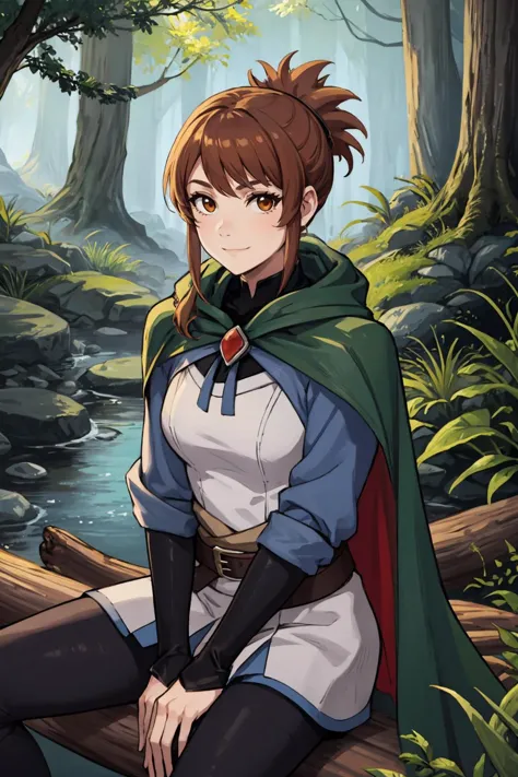 a woman sitting on a log in the woods with a green cape