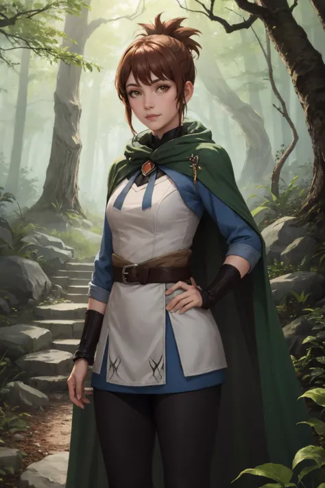 solo, 1girl, marci, slight smile, looking at viewer, standing, ponytail, jacket, brooch, cape, vambraces, leggings, belt, outdoors, forest <lora:dota2_marci-10:0.8>