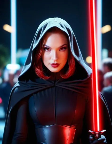 portrait photo of mssbrsl,  as a Sith Lord, Black uniform and cloak, red lightsaber, at a movie premiere gala, dark moody ambience (masterpiece:1.2) (photorealistic:1.2) (bokeh) (best quality) (detailed skin:1.2) (intricate details) (nighttime) (8k) (HDR) (cinematic lighting) (sharp focus), looking at the camera